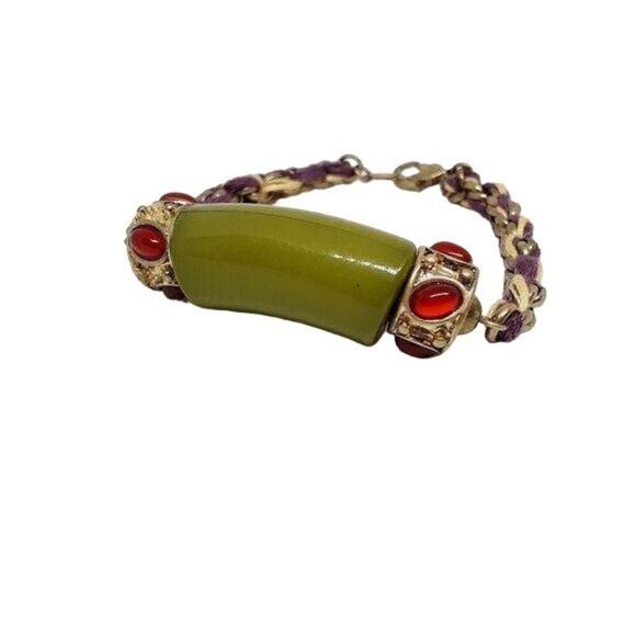 Anthropologie Green Stone Bracelet Chain Red inset Accent New with tags Clean sm - Picture 1 of 9